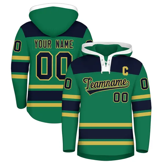 Kelly Green Old Gold Lace-Up Neck Raglan Hockey Hoodie Jersey
