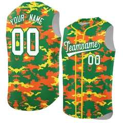 Kelly Green Orange and Gold Camo Sleeveless Baseball Jersey 1