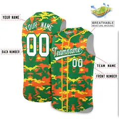 Kelly Green Orange and Gold Camo Sleeveless Baseball Jersey 2