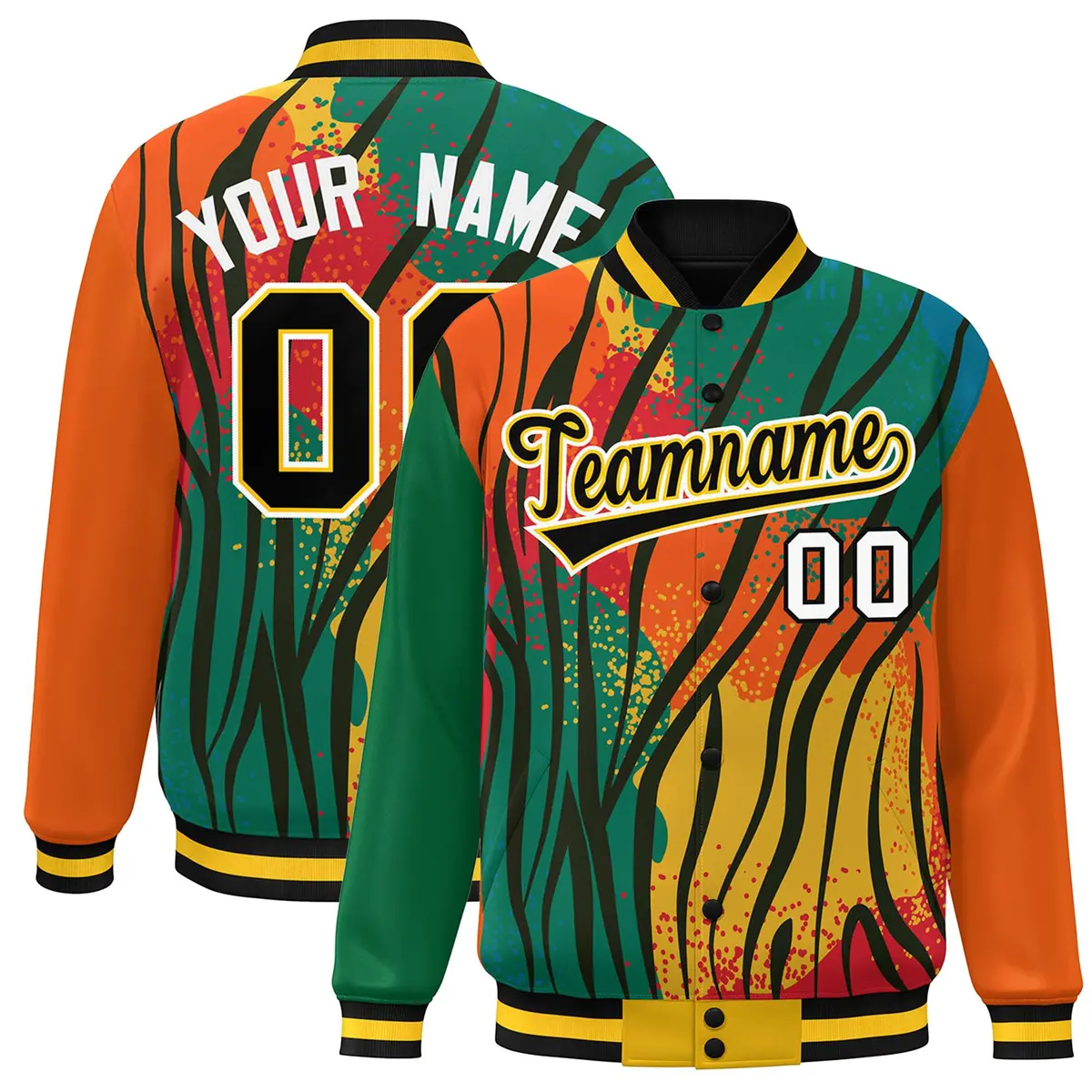 Kelly Green Orange-Black Graffiti Pattern Full-Zip Letterman Bomber Jacket