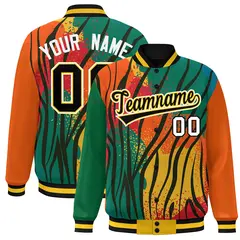 Kelly Green Orange-Black Graffiti Pattern Full-Zip Letterman Bomber Jacket