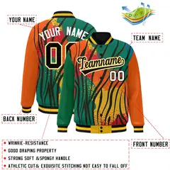 Kelly Green Orange-Black Graffiti Pattern Full-Zip Letterman Bomber Jacket 2