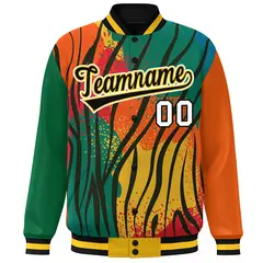 Kelly Green Orange-Black Graffiti Pattern Full-Zip Letterman Bomber Jacket 3