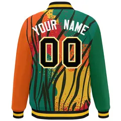 Kelly Green Orange-Black Graffiti Pattern Full-Zip Letterman Bomber Jacket 4