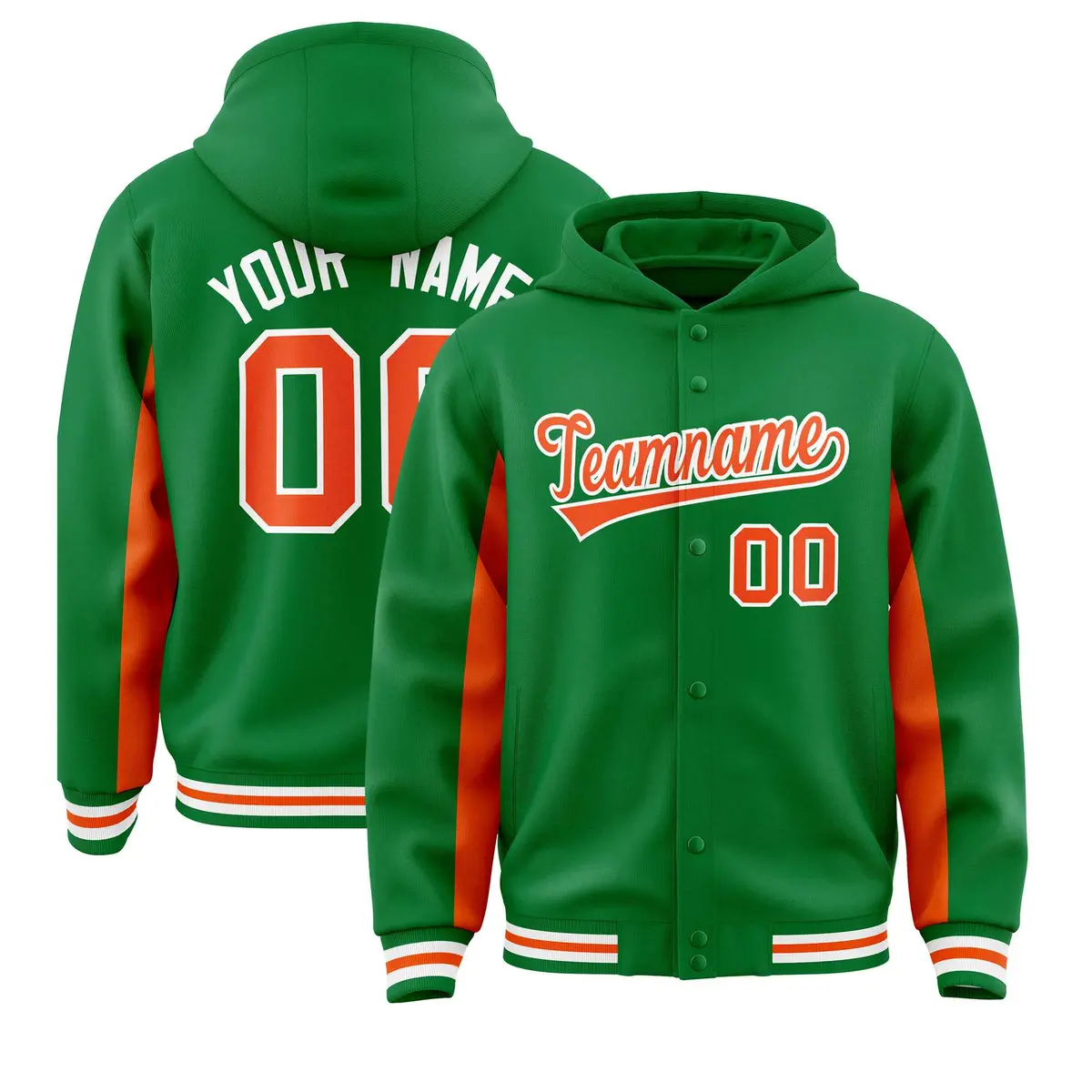 Kelly Green Orange Color Block Varsity Letterman Hoodie Jacket
