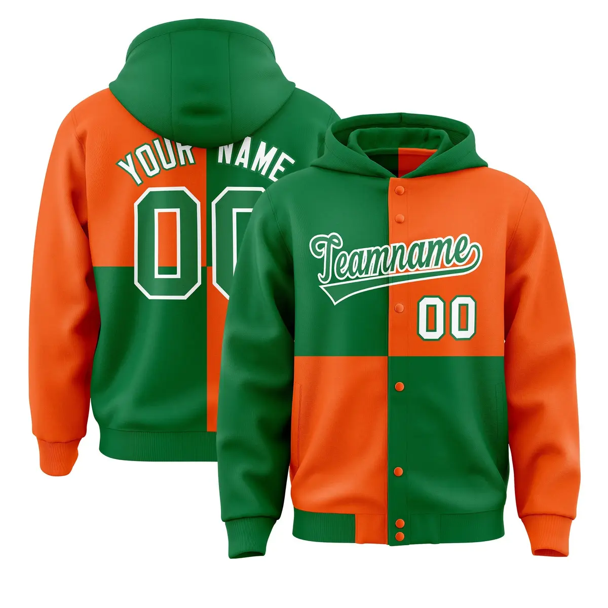 Kelly Green Orange Color Block Varsity Letterman Jacket Hoodie