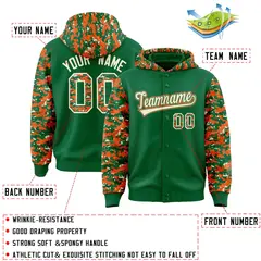 Kelly Green Orange-Cream Camo Raglan Full-Snap Varsity Letterman Hoodie Jacket 4