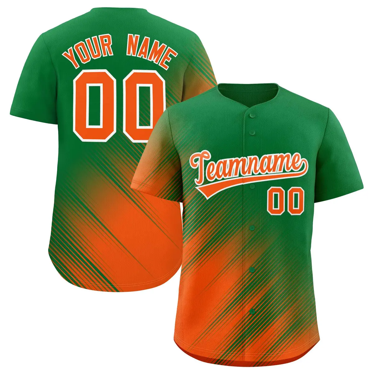 Kelly Green Orange Diagonal Stripe Gradient Baseball Jersey