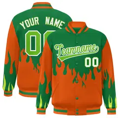 Kelly Green Orange Flame Graffiti Varsity Full-Snap Bomber Jacket