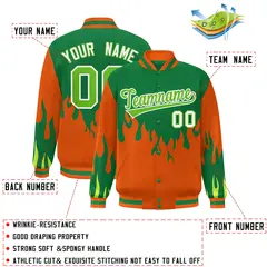 Kelly Green Orange Flame Graffiti Varsity Full-Snap Bomber Jacket 2