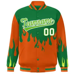 Kelly Green Orange Flame Graffiti Varsity Full-Snap Bomber Jacket 3
