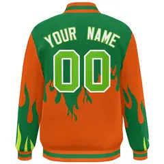 Kelly Green Orange Flame Graffiti Varsity Full-Snap Bomber Jacket 4