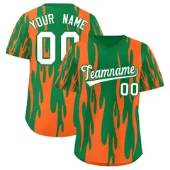 Kelly Green Orange Flame Pattern Pullover Baseball Jersey