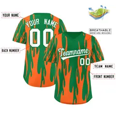 Kelly Green Orange Flame Pattern Pullover Baseball Jersey 2
