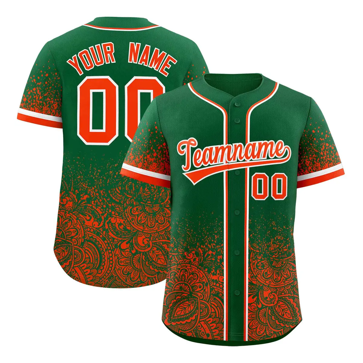 Kelly Green Orange Floral Gradient Full Button Baseball Jersey