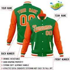 Kelly Green Orange Full-Snap Varsity Raglan Letterman Jacket 4