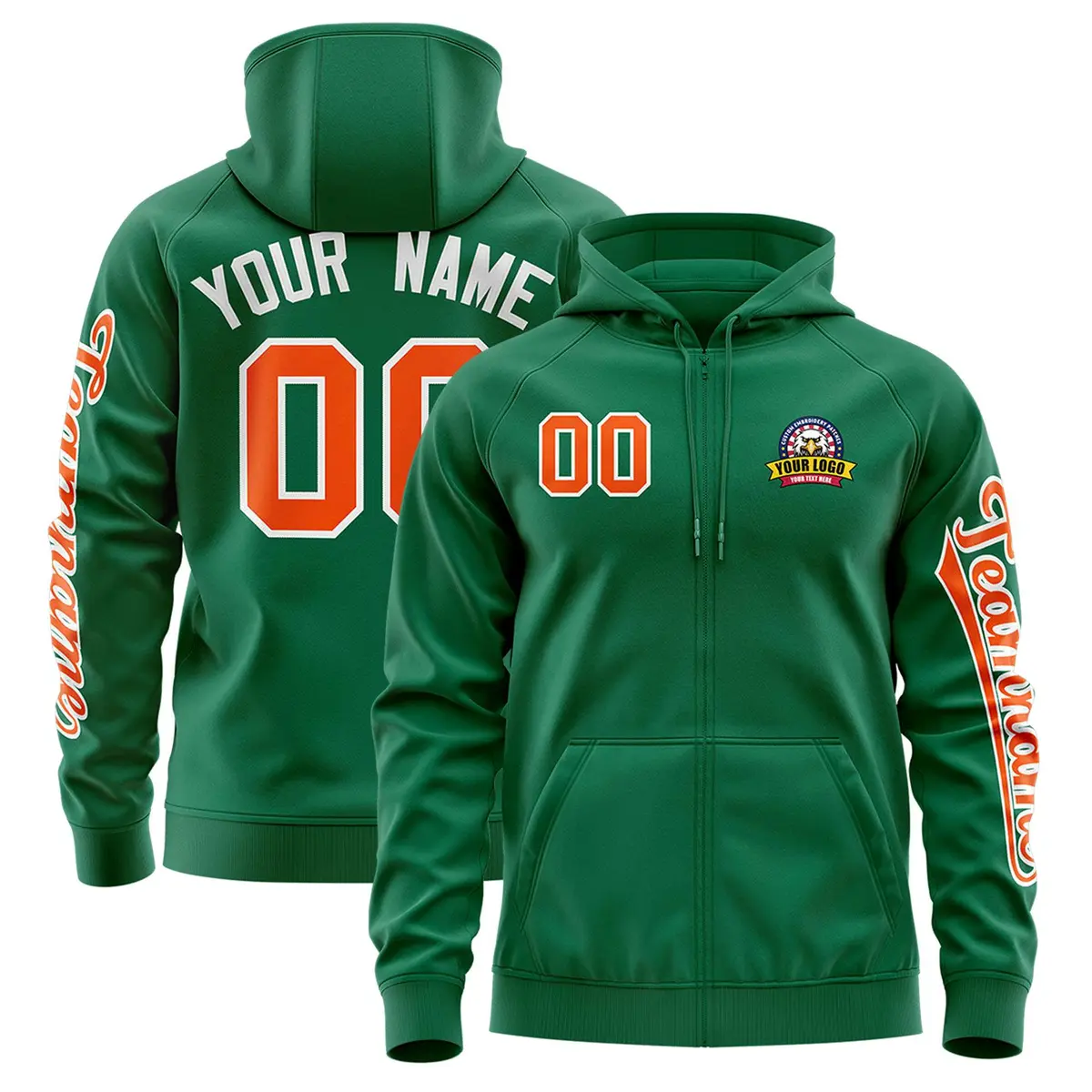 Kelly Green Orange Full-Zip Varsity Letterman Jacket Hoodie