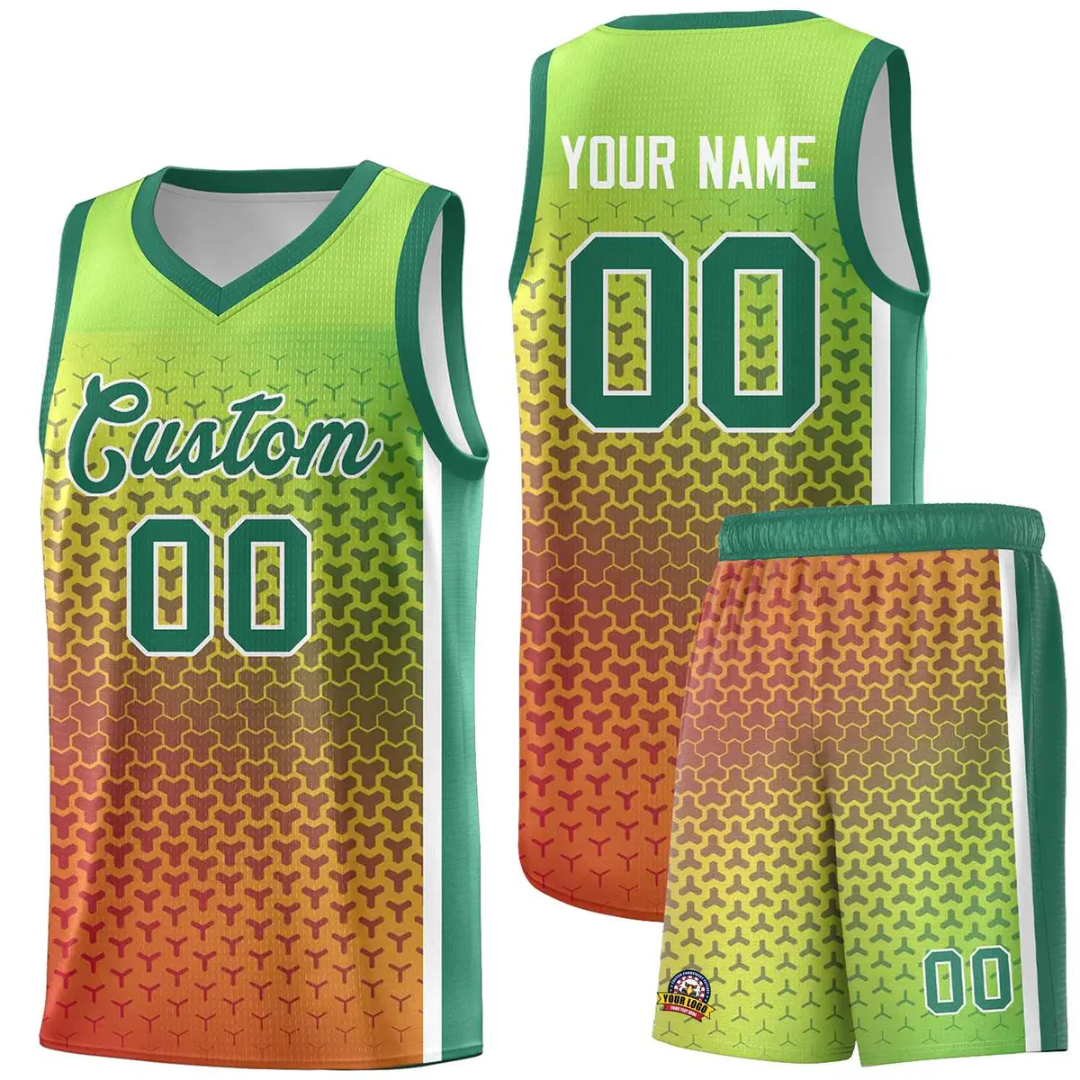 Kelly Green Orange Gradient Irregular Shapes Basketball Jersey
