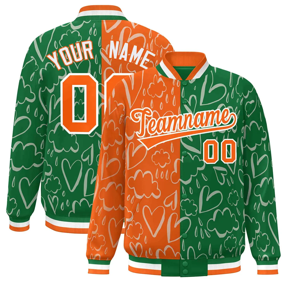 Kelly Green Orange Graffiti Pattern Split Letterman Bomber Baseball Jacket