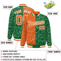 Kelly Green Orange Graffiti Pattern Split Letterman Bomber Baseball Jacket 2