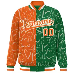 Kelly Green Orange Graffiti Pattern Split Letterman Bomber Baseball Jacket 3
