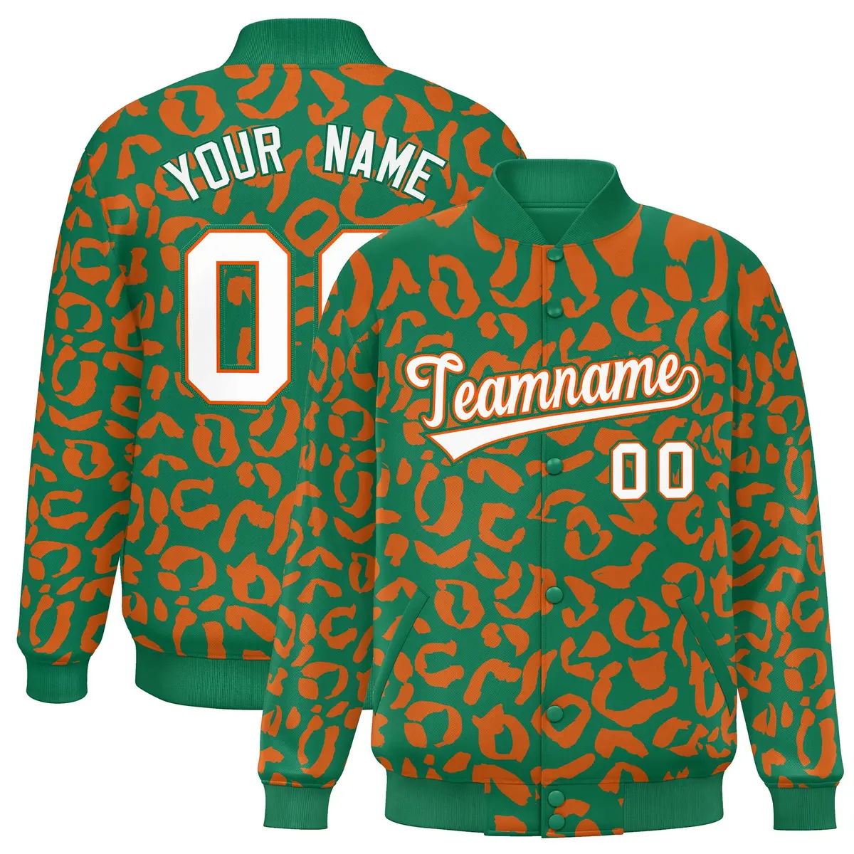Kelly Green Orange Leopard Graffiti Varsity Letterman Jacket