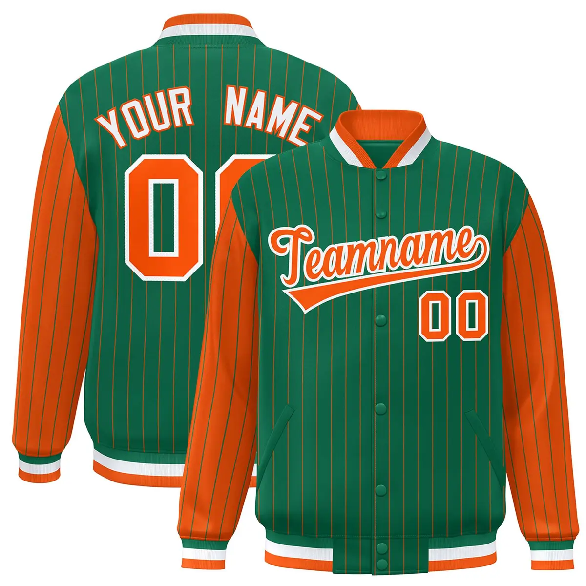 Kelly Green Orange Pinstripe Raglan Full-Snap Letterman Baseball Jacket