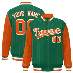 Kelly Green Orange Pinstripe Raglan Full-Snap Letterman Baseball Jacket