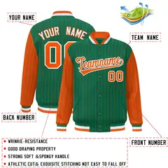 Kelly Green Orange Pinstripe Raglan Full-Snap Letterman Baseball Jacket 2