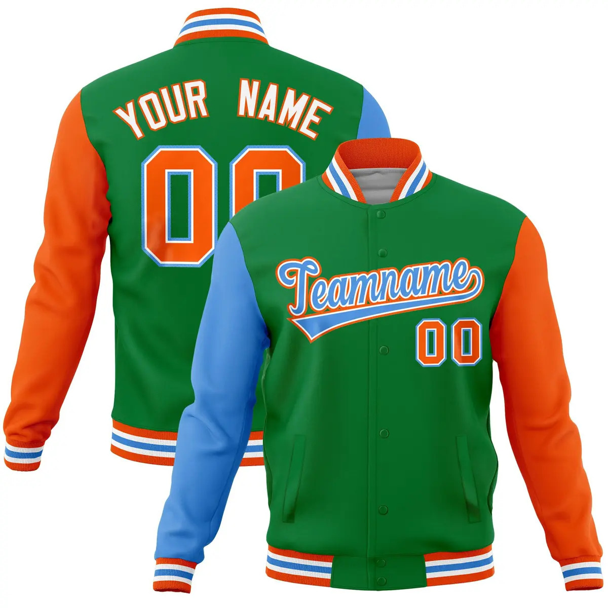 Kelly Green Orange-Powder Blue Raglan Full-Snap Varsity Letterman Jacket