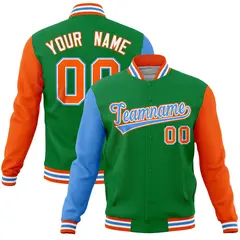 Kelly Green Orange-Powder Blue Raglan Full-Snap Varsity Letterman Jacket 1