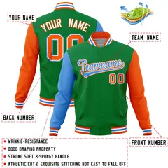 Kelly Green Orange-Powder Blue Raglan Full-Snap Varsity Letterman Jacket 4