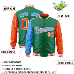Kelly Green Orange-Powder Blue Varsity Full-Zip Raglan Letterman Bomber Jacket 2