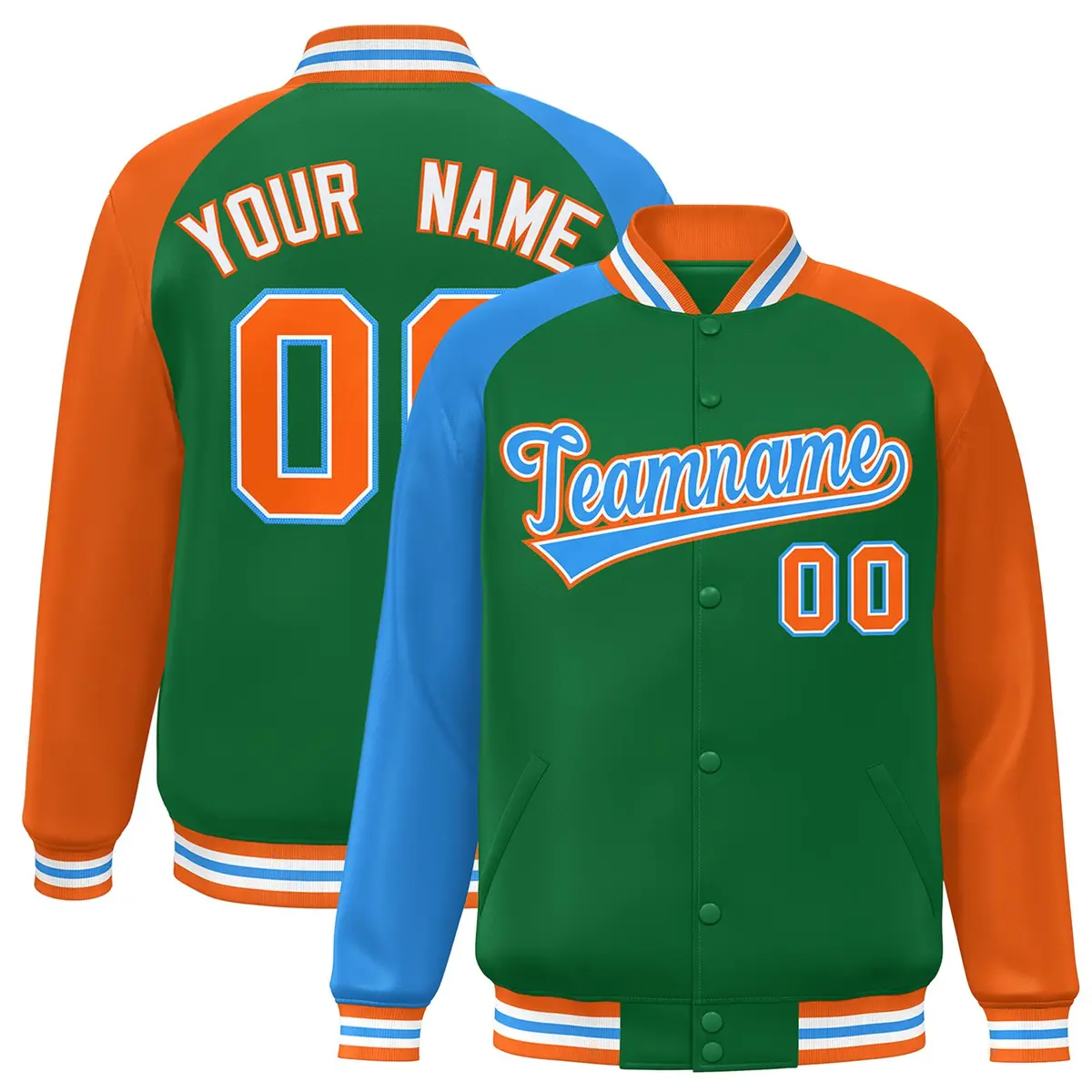 Kelly Green Orange-Powder Blue Varsity Raglan Letterman Bomber Jacket
