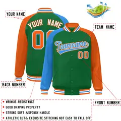Kelly Green Orange-Powder Blue Varsity Raglan Letterman Bomber Jacket 2