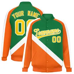 Kelly Green Orange Raglan Sleeves Full-Snap Letterman Baseball Jacket