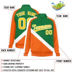 Kelly Green Orange Raglan Sleeves Full-Snap Letterman Baseball Jacket 2