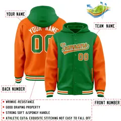 Kelly Green Orange Raglan Varsity Full-Snap Letterman Jacket Hoodie 4