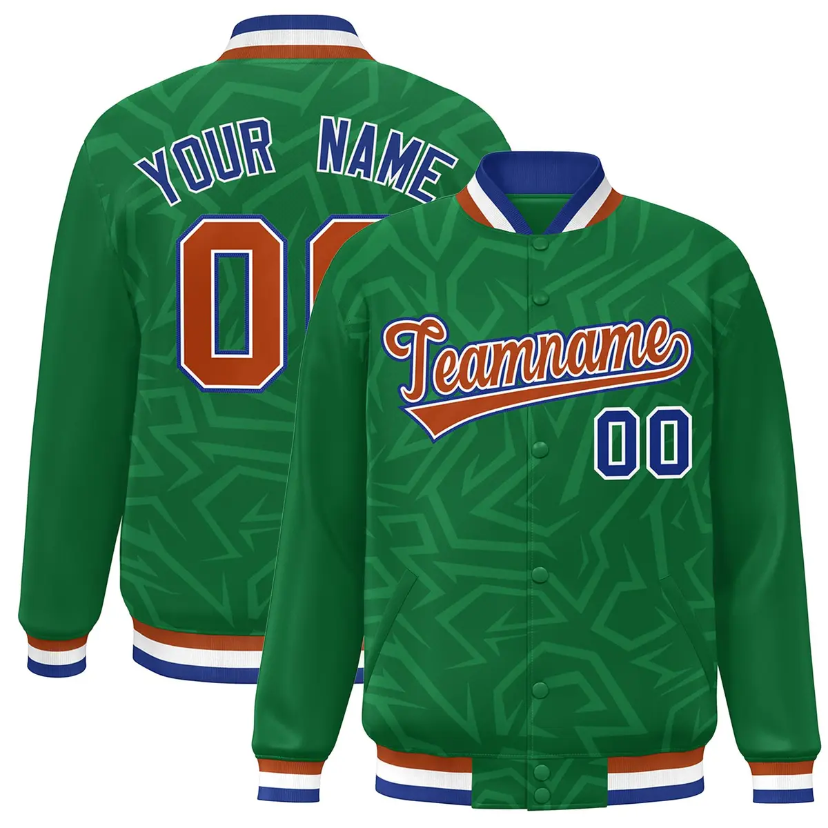 Kelly Green Orange-Royal Stripe Graffiti Pattern Varsity Full-Snap Jacket