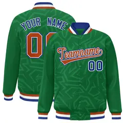 Kelly Green Orange-Royal Stripe Graffiti Pattern Varsity Full-Snap Jacket