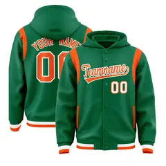 Kelly Green Orange Shoulder Color Block Varsity Letterman Jacket Hoodie 1