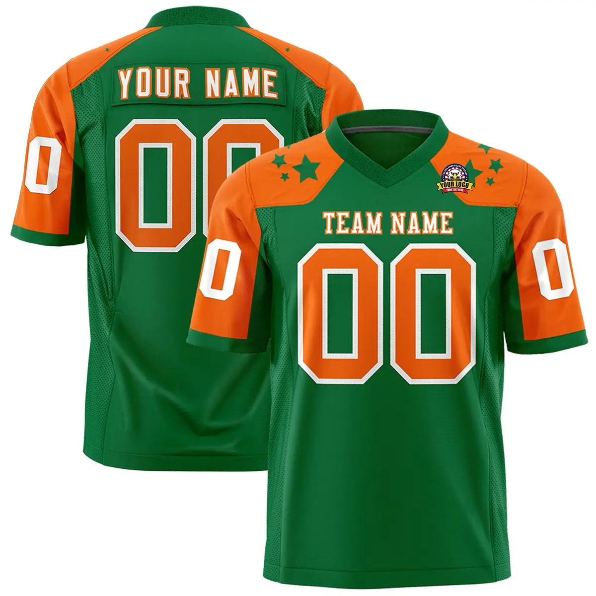 Kelly Green Orange Shoulder Star Pattern Flag Football Jersey