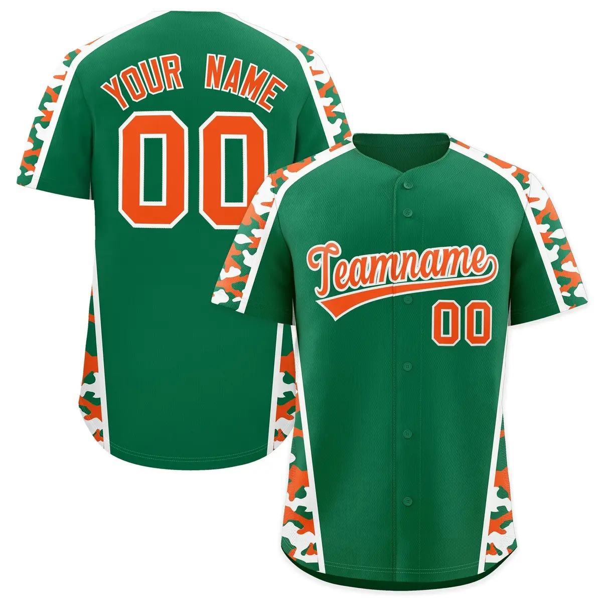 Kelly Green Orange Side Camo Baseball Jersey