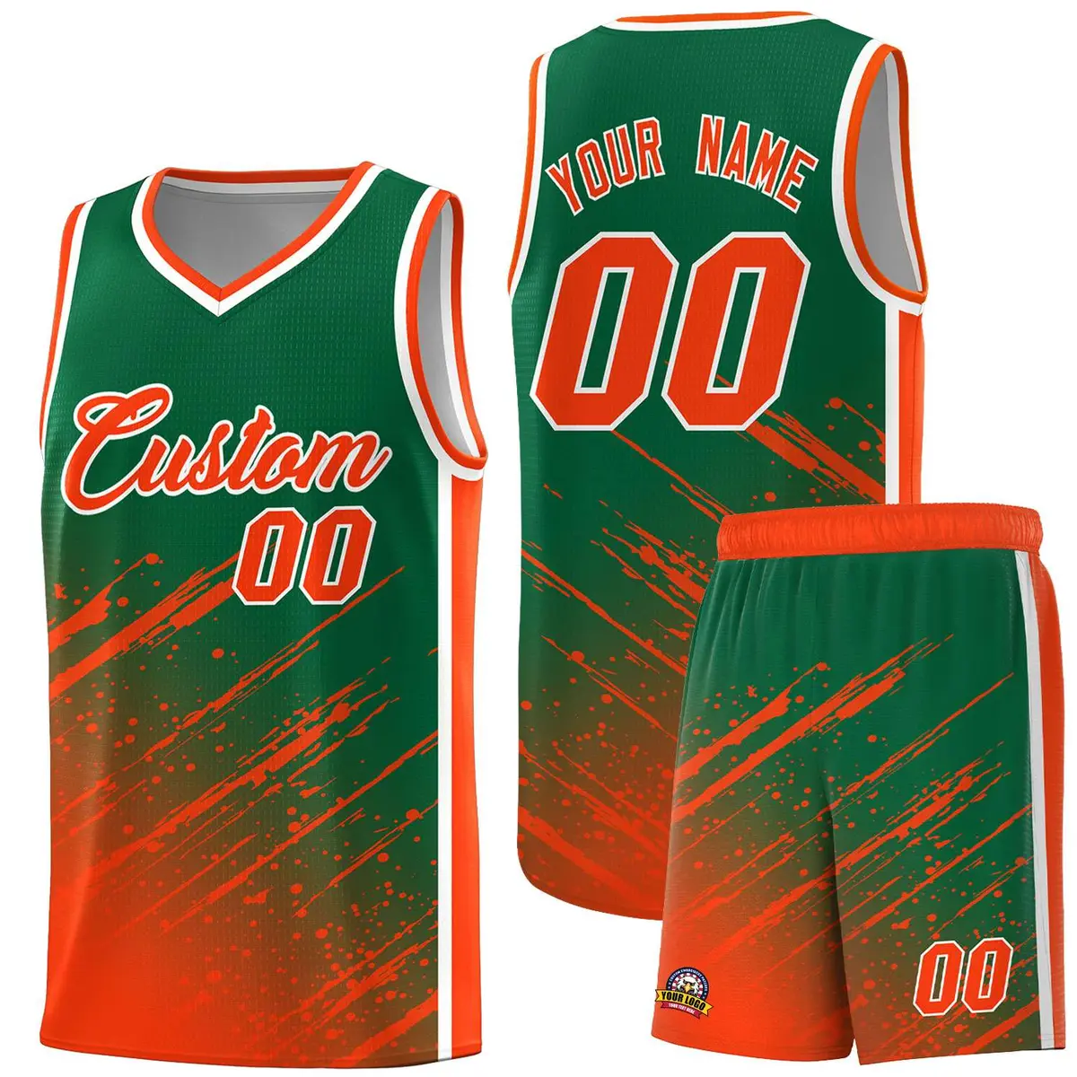 Kelly Green Orange Splash Basketball Kits with Tackle Twill