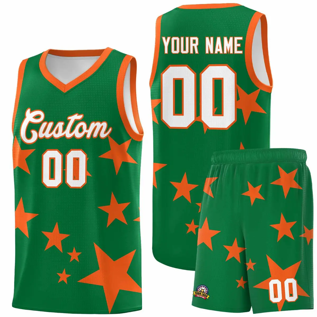 Kelly Green Orange Star Graffiti Basketball Jersey Sets