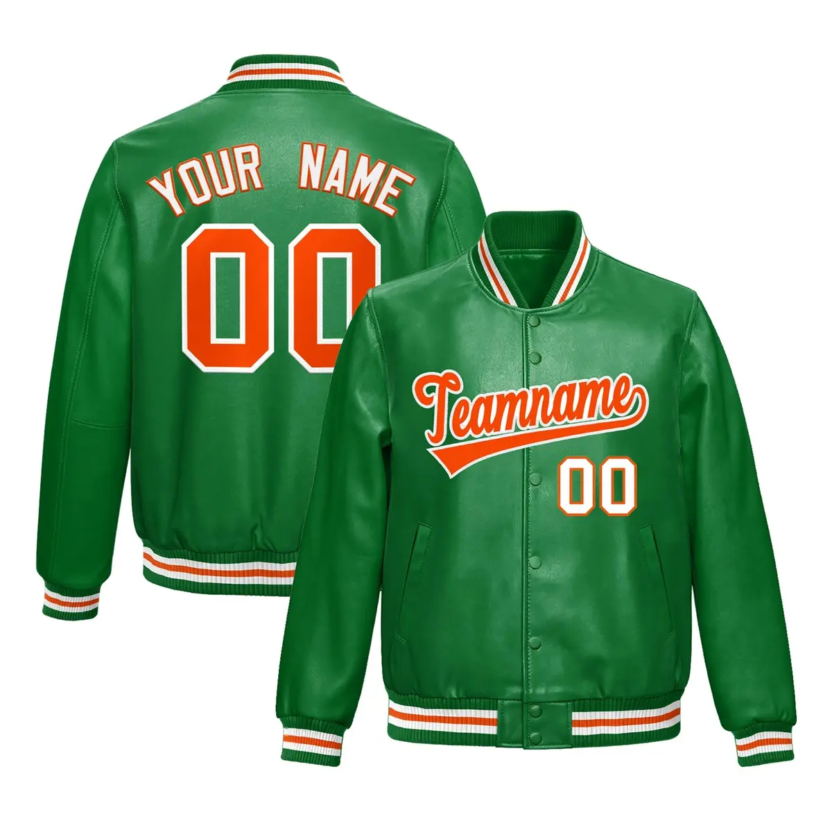 Kelly Green Orange Varsity Full-Snap Faux Leather Letterman Jacket