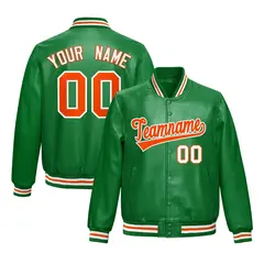 Kelly Green Orange Varsity Full-Snap Faux Leather Letterman Jacket