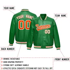 Kelly Green Orange Varsity Full-Snap Faux Leather Letterman Jacket 2