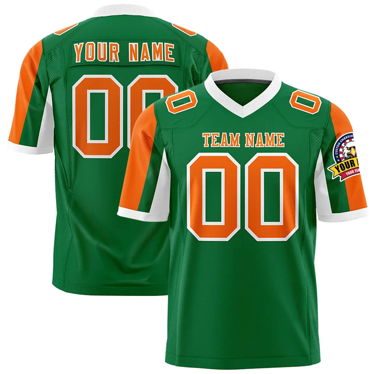 Kelly Green Orange-White Color Block Raglan Sleeves Football Jersey