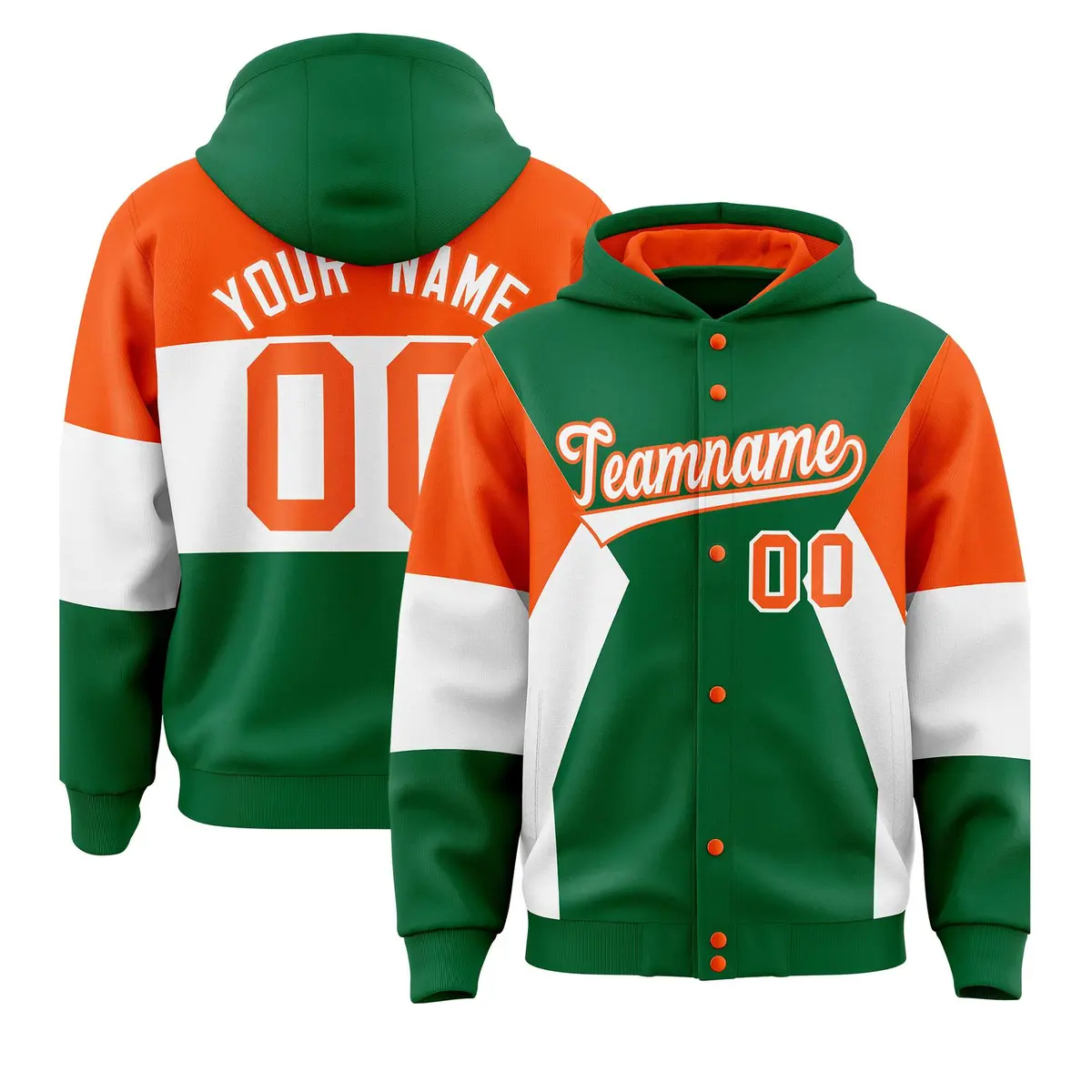 Kelly Green Orange-White Color Block Varsity Letterman Jacket Hoodie